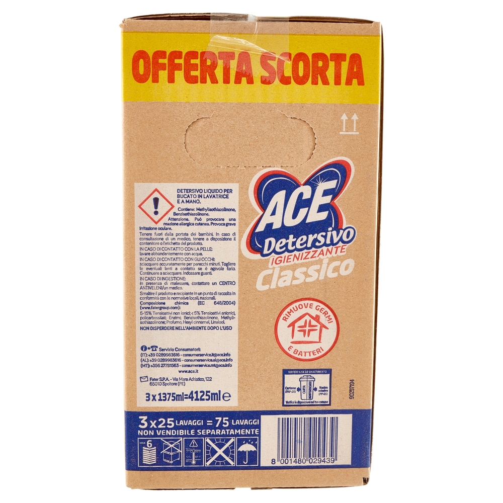 Ace Detersivo Liquido Classico Igienizzante 3 x 25 Lavaggi 3 x 1375 ml